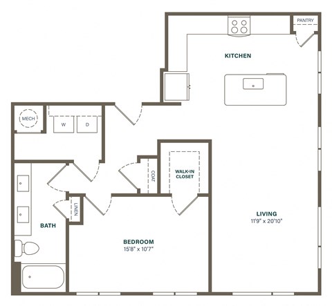 Floor plan for 1 bed, 1 bath, 939 sqft